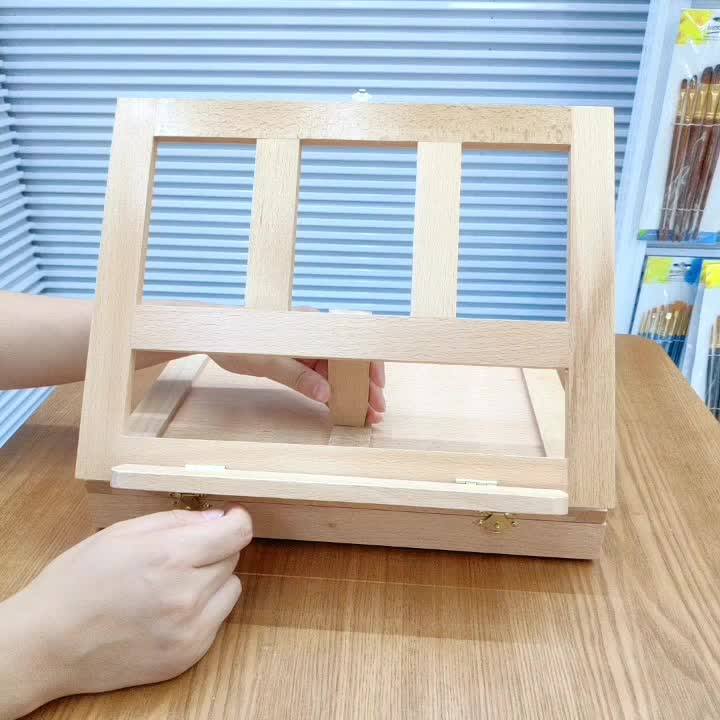 Wooden Table Easel With 3 Grid Paint Brushes Organizer Box Pigment