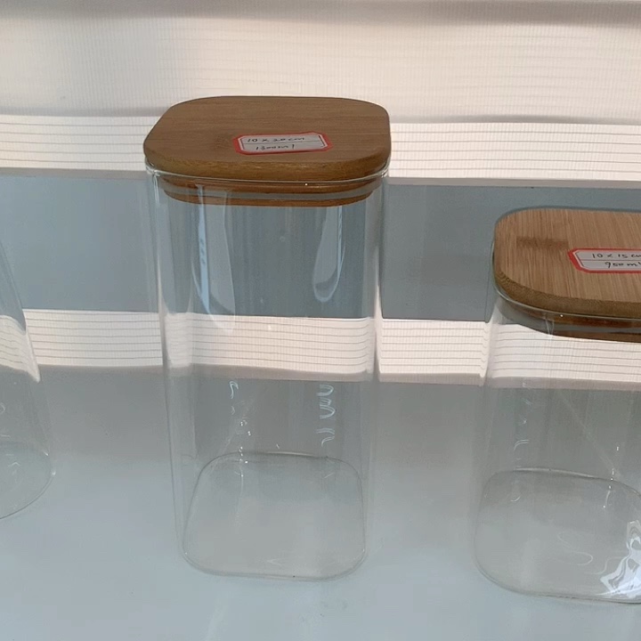 Set Of 5 Square Glass Kitchen Canister With Airtight Bamboo Lid Glass Storage Jars For Kitchen