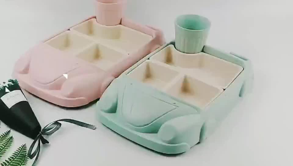 2 Compartments Morden Bamboo Fiber Pink Kids Dinnerware Set With Car