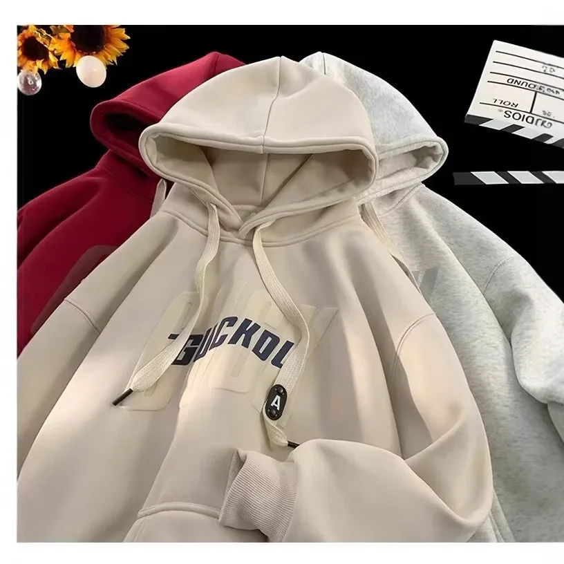 New Hong Kong style fleece-lined sweater men's and women's 2024 trendy youth autumn and winter fleece-lined hooded coat wholesale generation