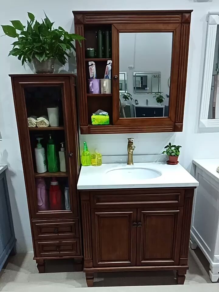 Bathroom side cabinet Powder room Solid wood storage American storage cabinet Side cabinet Storage cabinet Living room Floor-to-ceiling glass cabinet