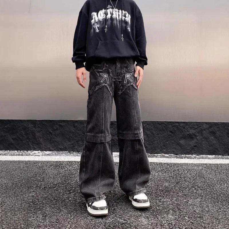 Cross-border European and American high street vibe pants jeans American straight stitching splash ink micro-pull pants men's a generation of hair
