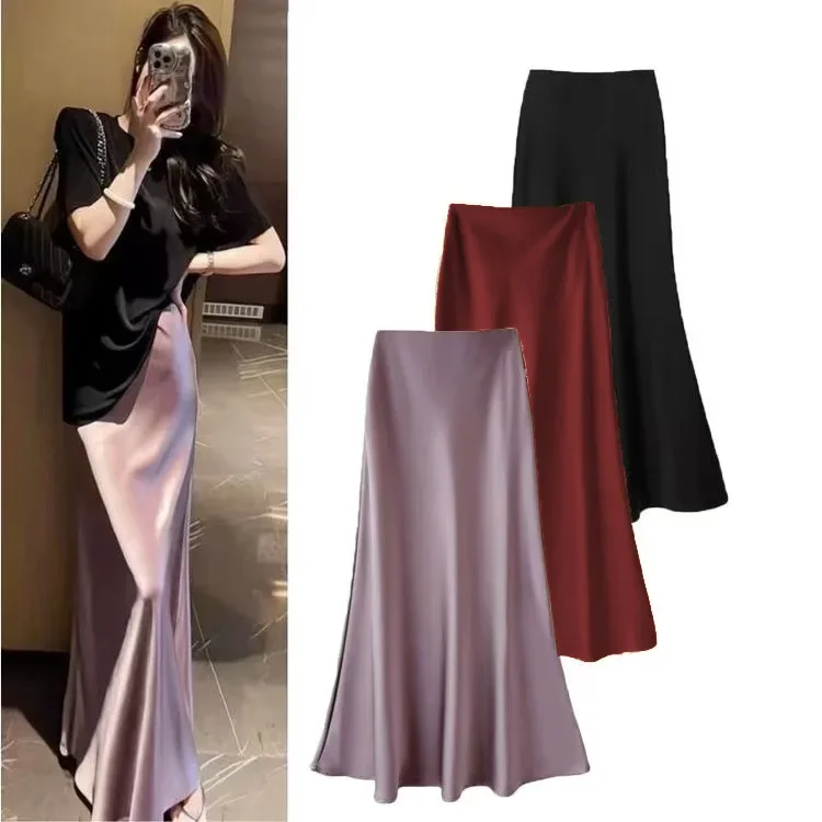 High-Waisted Slimming Mid-Length Skirt for Women, Acetate Satin Hip-Hugging Fishtail Long Skirt, 2025 Spring/Summer Drapey Skirt