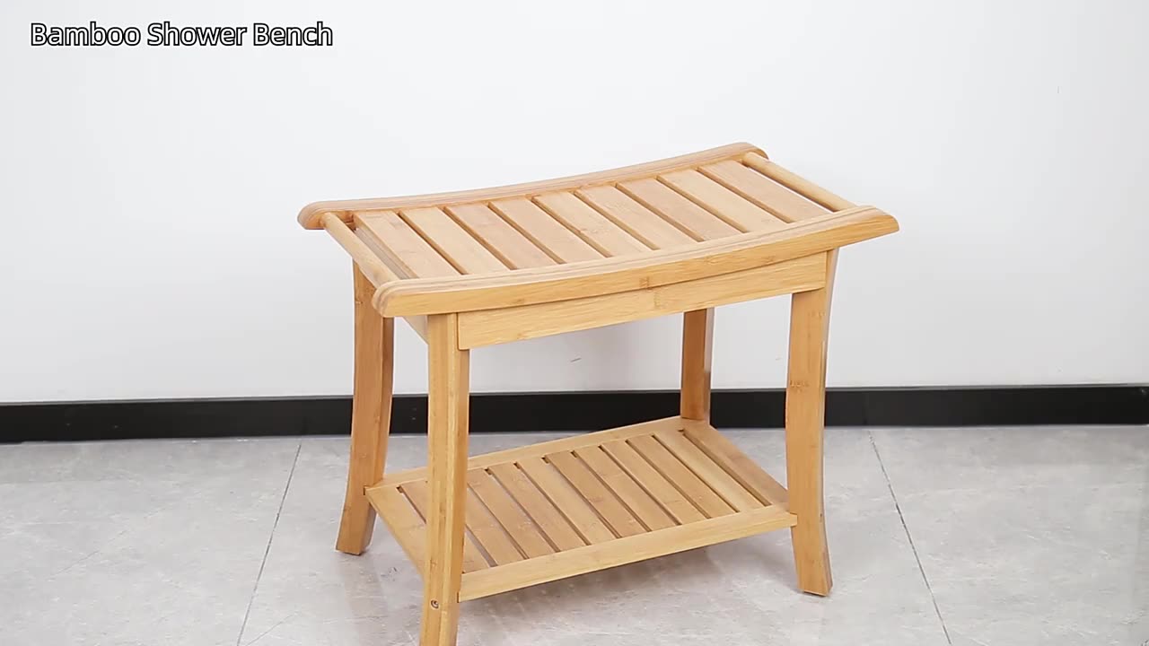 Combohome Corner Teak Wood Shower Bench Stool With Shelf Bamboo Spa