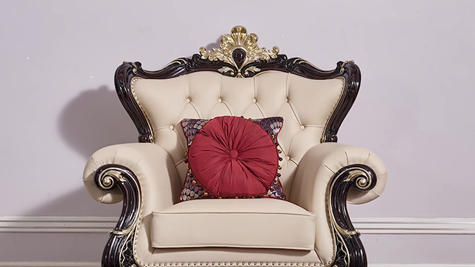 Classic Chesterfield Sofas Set Wooden Carving Leather Living Room