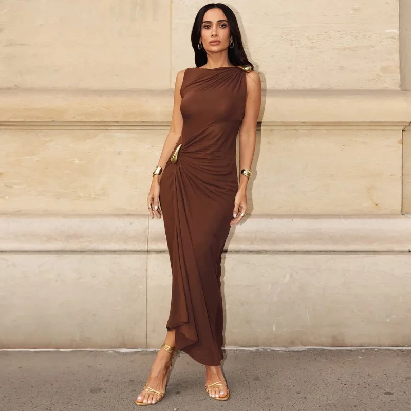 2025 New Autum Cross-Border European and American Style Fashionable and Sexy Slim Metal Decorative Pleated Sleeveless Hip-Hugging Dress