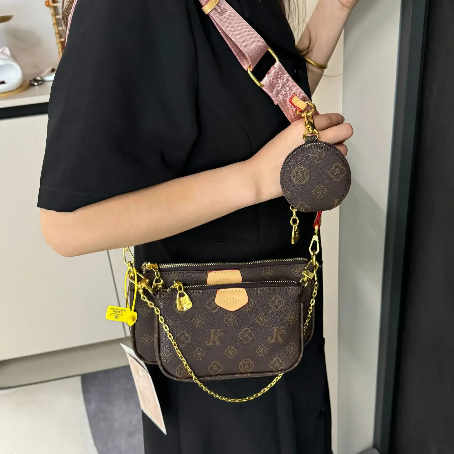 Monica Qiqi Europe Station Three-in-One Printed Contrast Color Mahjong Bag Women's 2024 New Entry Luxury European and American Shoulder Bag