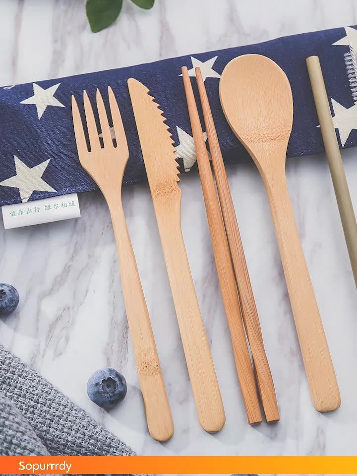Reusable Bamboo Utensils Set Pack For Outdoor Travel Portable Bamboo