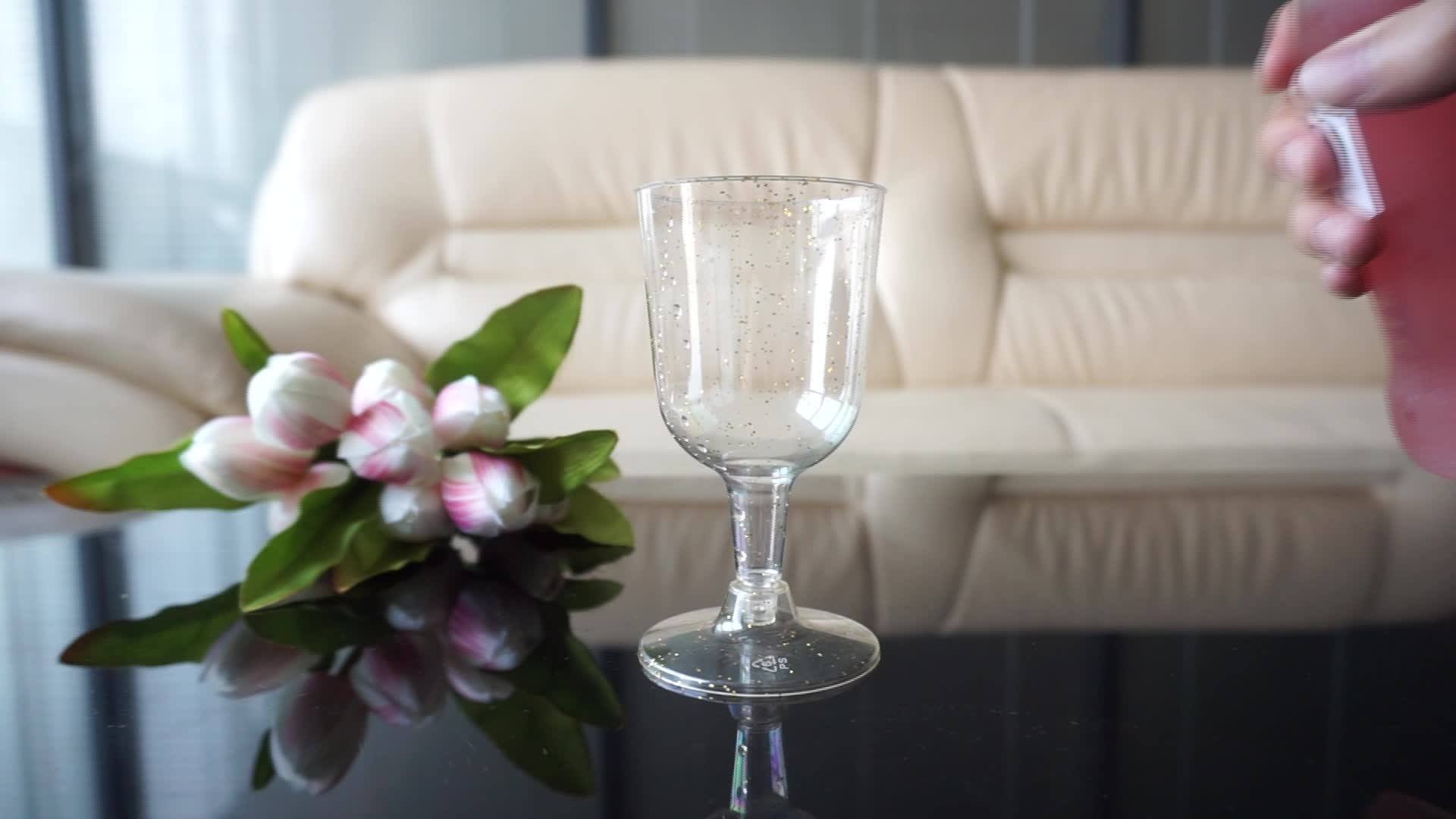 7 Oz Gold Glitter Disposable Wine Glasses Clear Hard Plastic Disposable