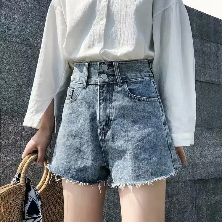 Double buckle Denim shorts women's summer new Korean style high waist slimming loose all-match A- line wide leg hot pants fashion