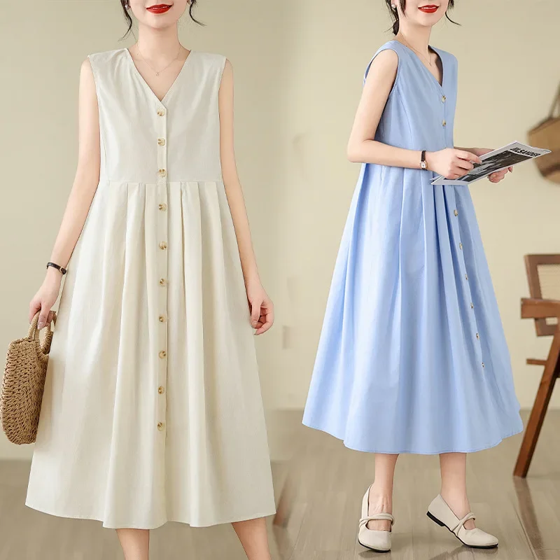 Summer New Arrival South Korea Dongdaemun Retro V-neck dress Sleeve Loose vest Dress Elegant Midi Dress