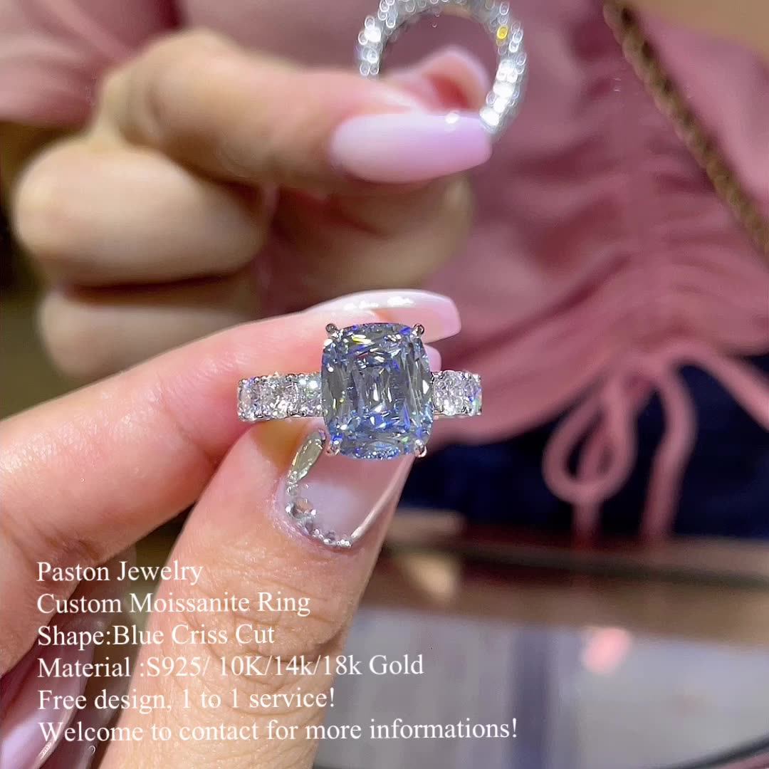 Custom 5ct Gray Blue Color Long Cushion Crisscut Moissanite