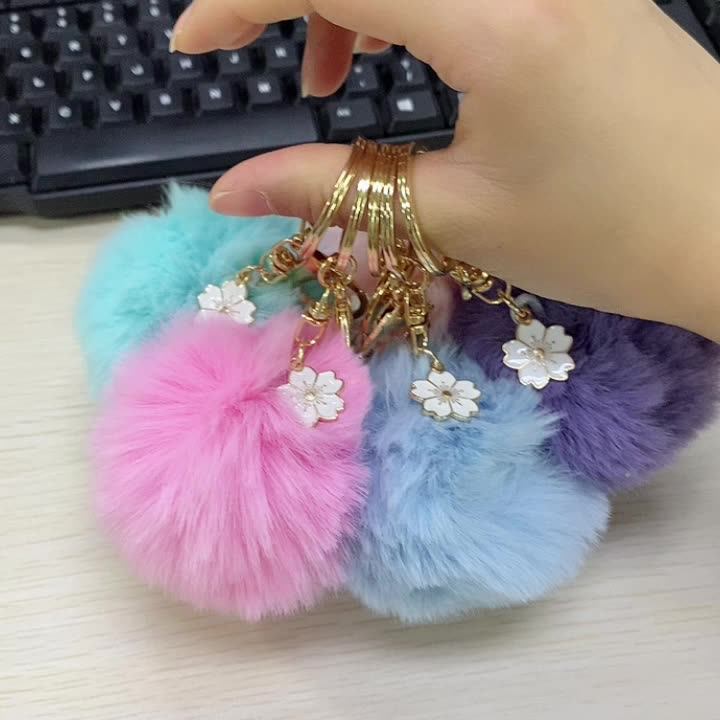Bauhinia Pom Pom Keyring Fuzzy Pink Fur Ball Puffball Key Chain Furry