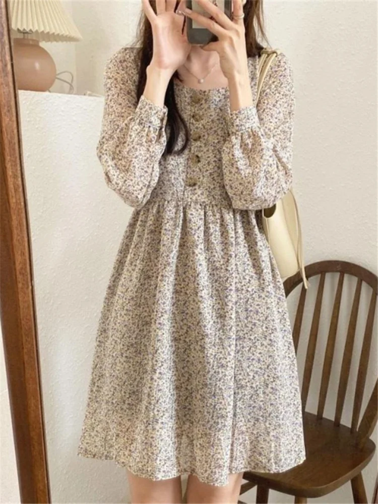 Chiffon French Style First Love Platycodon Grandiflorum Dress Long Sleeve Square Collar Floral dress Women's 2025 New Style Small High Dress