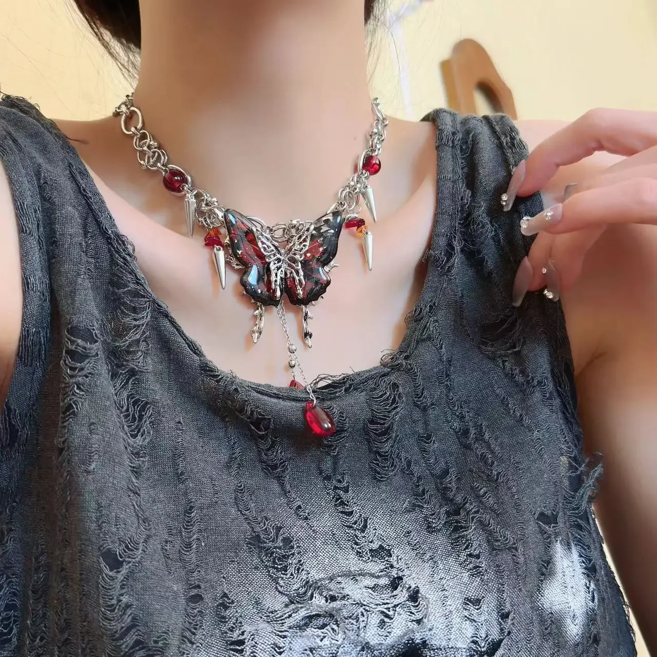 y2k千禧辣妹風紅色蝴蝶項鍊女高級感輕奢小眾頸鏈亞比鎖骨鏈配飾
