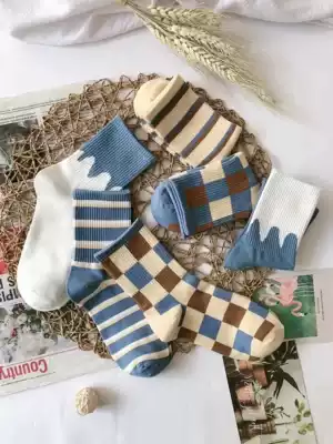 5 pairs of Japanese sweet and cute color check autumn and winter New Girl socks children's socks