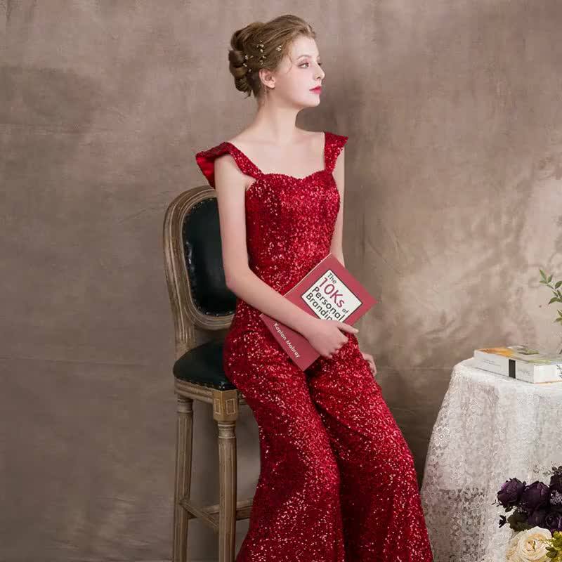 Hotsell Red Beaded Jumpsuit Lace Pants Black Tops Evening Prom Pants
