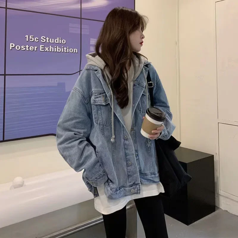 Photographed Spring and Autumn 2025 New Korean Style Loose and Versatile Splicing Light Color Double Layer Hooded Denim Jacket for Women