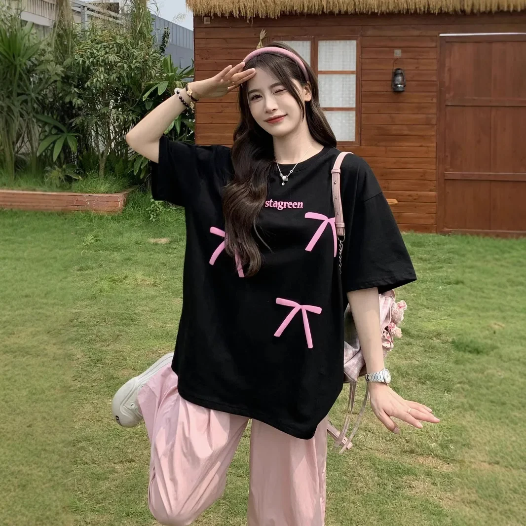 Ins Korean Style Cotton Loose Large Size Slim Fit Bow Letter Printed Short-Sleeved T-Shirt Women's Top Trendy Wholesale