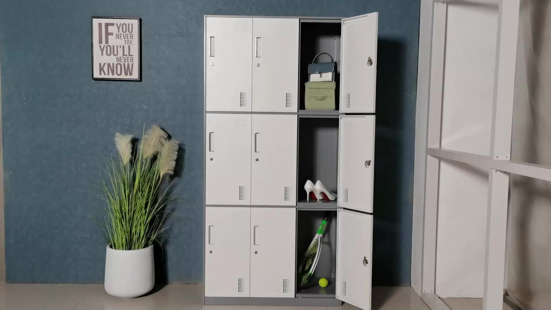 Modern Steel 9 Door Locker Gym Metal Locker Clothes Box Storage