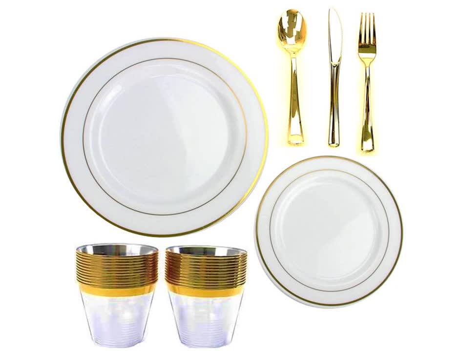 Disposable Rose Gold Dinnerware Set,Gold Rim Plastic Plates For Wedding