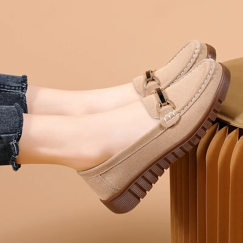 Autumn New Women's Leather Shoes All-match Fleece Cowhide Single-layer Shoes Genuine Leather Beans Frosted Flat Shoes Old Beijing Women's Shoes