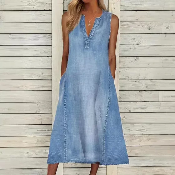 2022 Amazon Independent Station Summer European and American New Solid Color Sleeveless V-neck Loose Casual Denim Dress