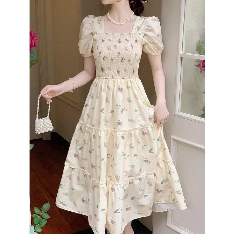 French Style Square Collar Puff Sleeve Floral Dress Women's Summer Pure Desire Sweet Tight Waist Princess Tutu Dress Elegant Skirt