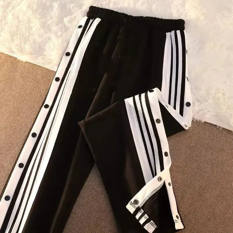 Zipper Pants Women Side Stripe Split Pants Women Loose Wide Leg Casual Pants Slimming Sporty Trousers 
