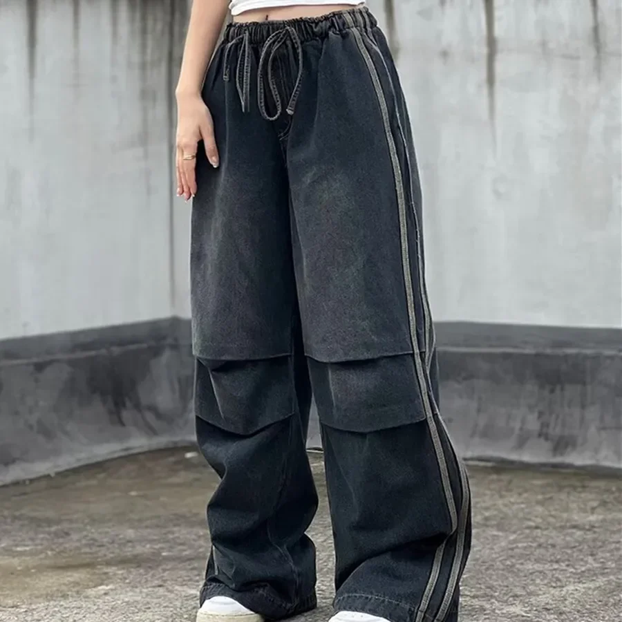 2024 American Pleated Design Stitching Striped Wide Leg Straight Jeans Men's Trendy Loose High Street Pants