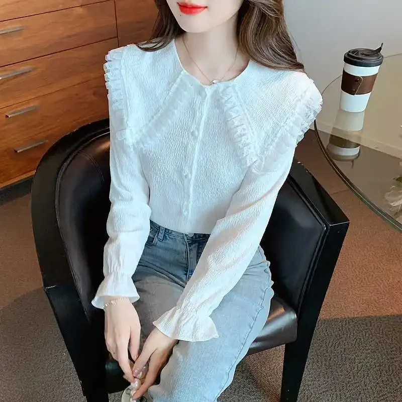 Design Sense Niche White Long Sleeve Shirt Women's Early Spring New This Year's Popular Beautiful Top Chic Unique Small Shirt