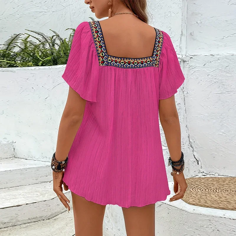 International Trade Cross-Border Summer Vacation Floral Edge Embroidered Square Collar Turtleneck Top Sleeveless Backless Hem Dress for Women
