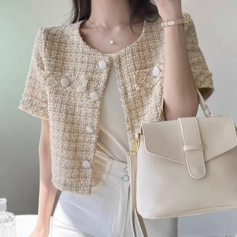 Летняя ретро-куртка, в стиле Chanel, круглый воротник, с коротким рукавом