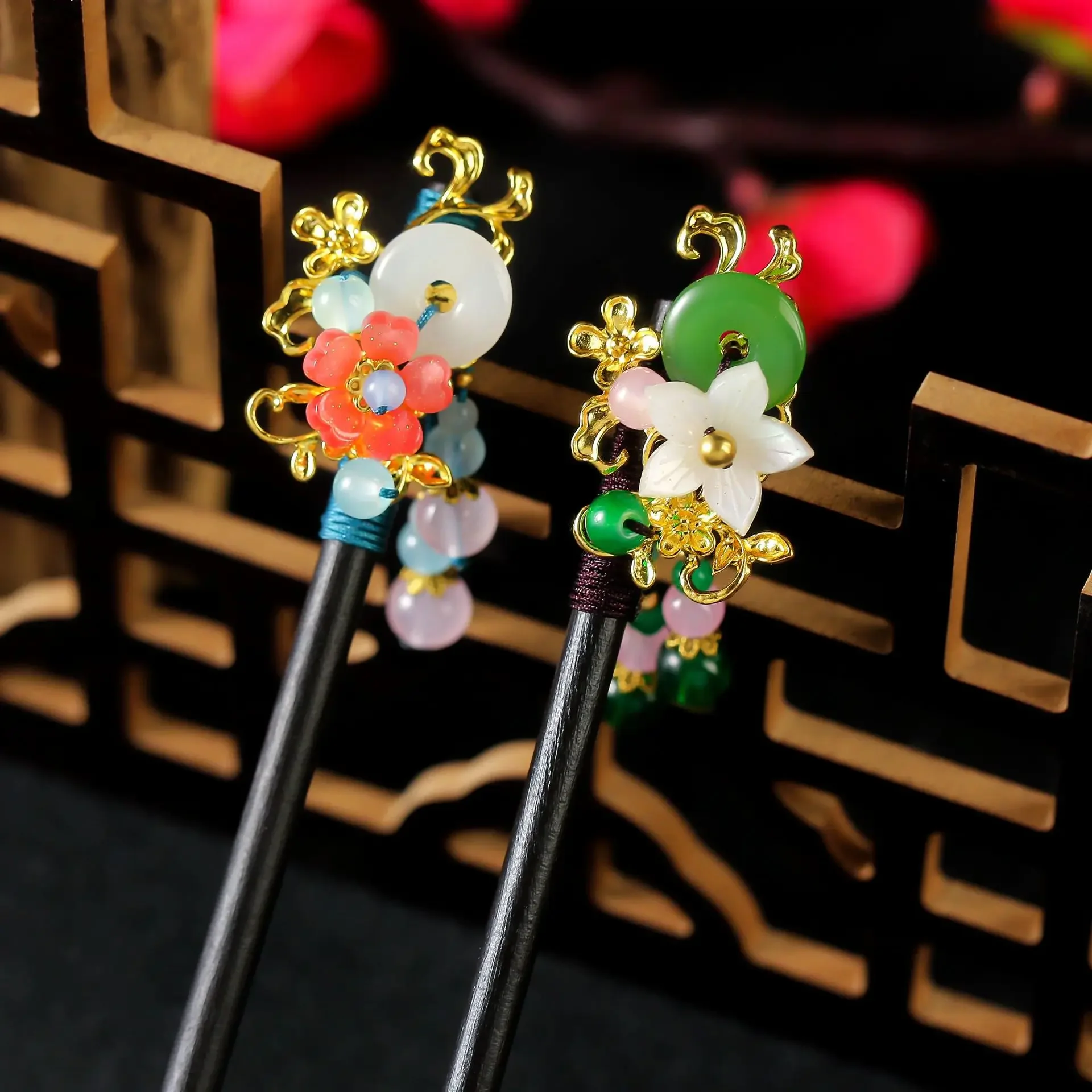 小清新桃花流蘇髮簪復古仿黑檀木步搖髮釵日常古裝旗袍盤發髮飾女