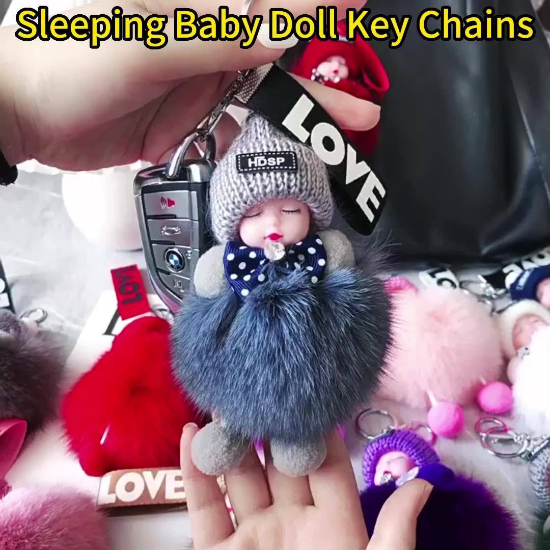 Sweet Cute Sleeping Baby Doll Keychain Pom Pom Rabbit Fur Ball Key