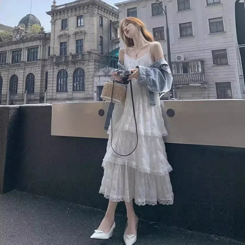 Pure and Desirable Style White Spaghetti Strap Dress for Women, New Spring and Summer Beach Vacation Style, Elegant and Sweet Long Dress with a Draping Effect