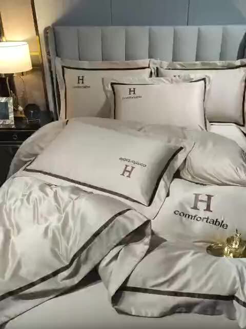 Summer European ice silk four-piece set Naked sleeping silk smooth bed Single quilt cover embroidery double-sided silk bedding bed Li style