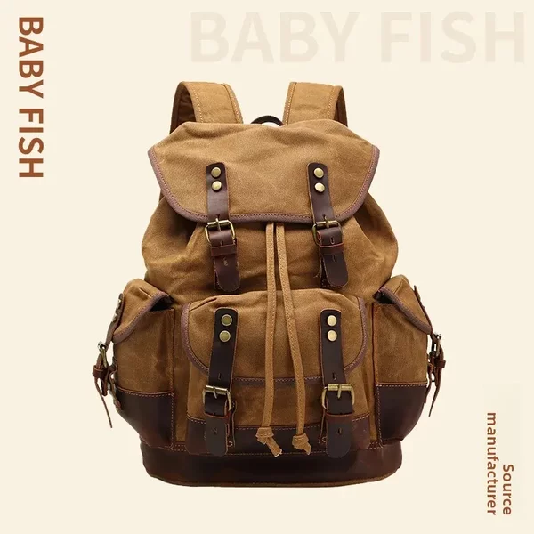 European and American Retro Waterproof Waxed Canvas Bag, Outdoor Hiking Canvas Backpack, Waterproof Multi-Pocket Canvas Backpack