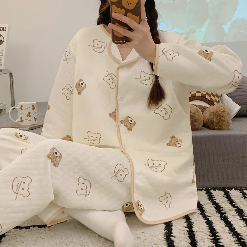 Air cotton confinement clothing spring, autumn and winter thickened postpartum maternity nursing maternity pajamas women's autumn and winter home wear