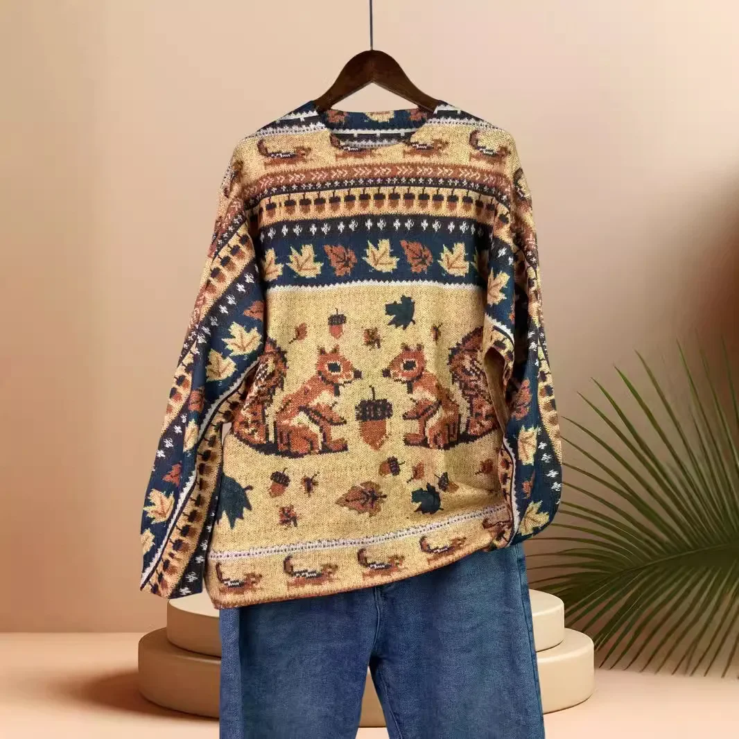 Amazon Hot Selling Round Neck Maple Squirrel Print Animal Loose Fashion Sweater Autumn and Winter New Artistic Casual Knitted