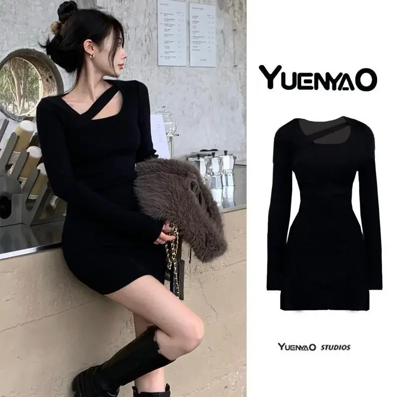 Bodycon Dress 2025 New Trendy Girl Dress Long Sleeve Autumn Winter Mature Women's Clothing Tight Black Short Skirt Body Shaping