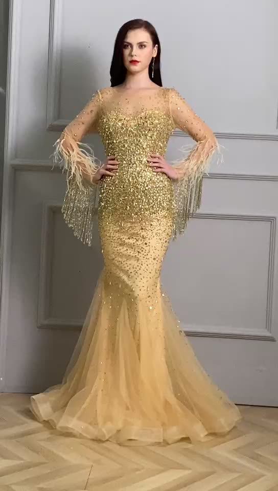 Dubai Golden Luxury Tassel Beading Evening Dress Women Party Dresses