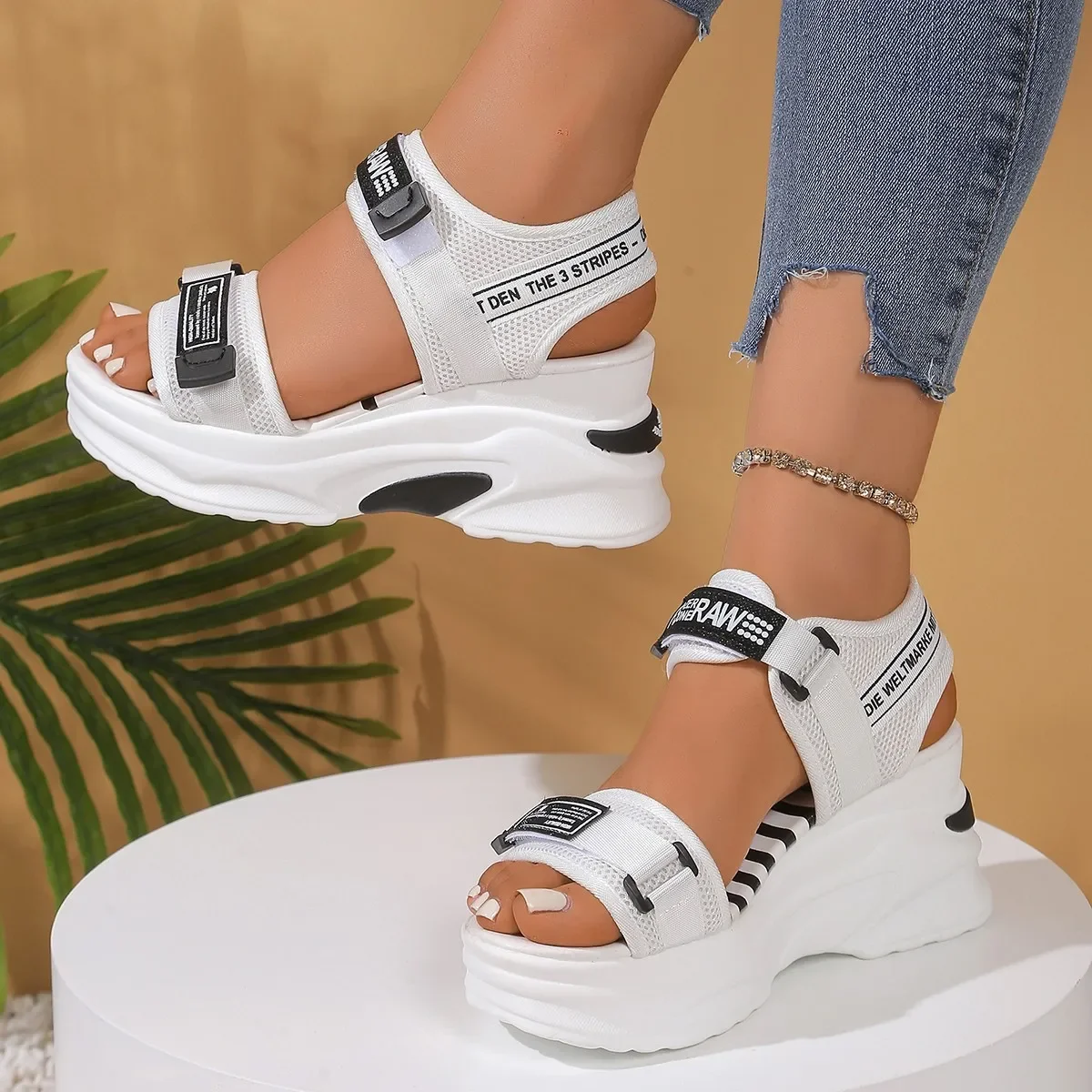 Foreign Trade Thick-soled Wedge Sandals Women's 2025 Summer New Flat Comfortable Lightweight Casual Velcro Beach Sandals