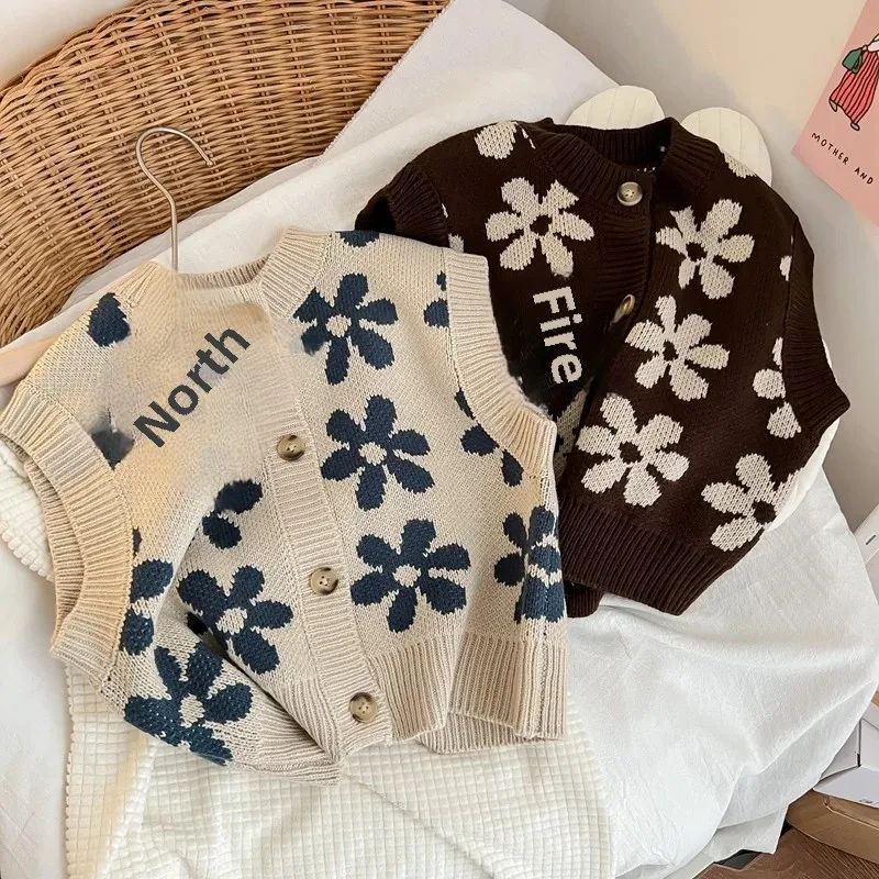 Children's Clothing Children's Knitted Vest Spring and Autumn Korean Children's Flowers Unisex Trendy Woolen Cardigan for Boys and Girls