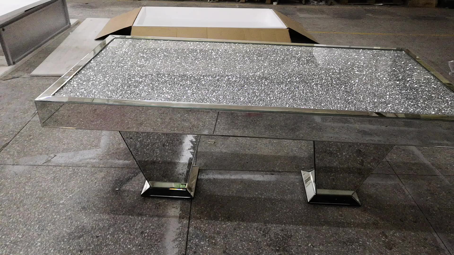 Modern Luxury Sparkly Silver Mirrored Shinny Crushed Diamond Glass Top