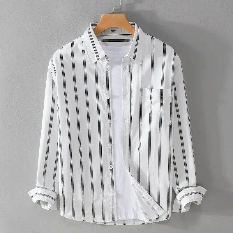 Spring and Autumn men's striped simple long-sleeved shirt trendy casual loose business Youth All-matching men's shirt 9672