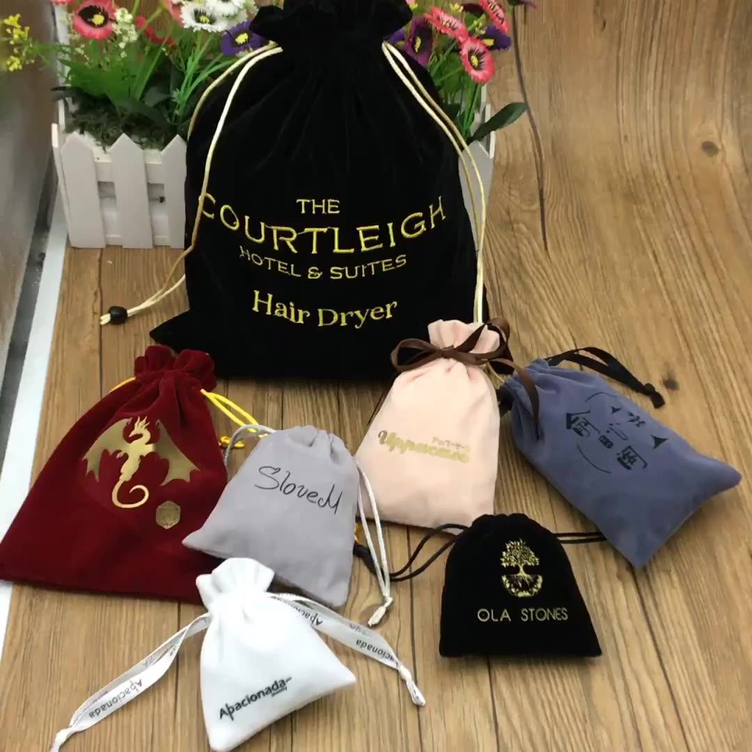 Velvet Perfume Bags With Sewing Label,Embossed Logo Black Velvet