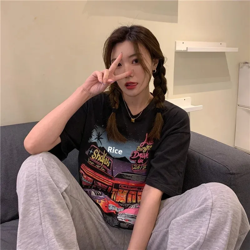 Korean Vintage Print Summer Loose Short-Sleeve T-Shirt for Women 2025 Spring Plus Size Base Layer Top Women's Wholesale