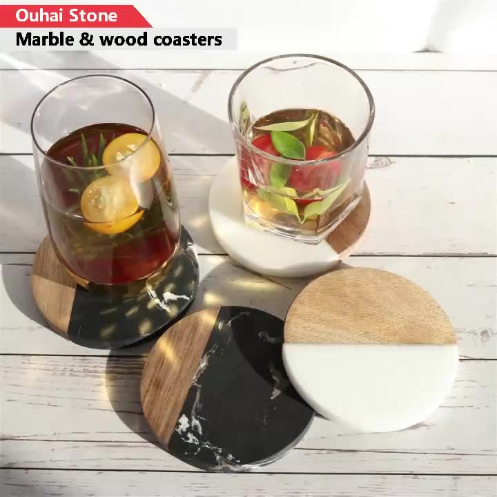Handcrafted White Marble Coasters With Acacia Wood For Your Drinks