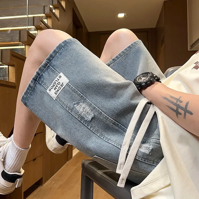 Summer Men's Denim Shorts Thin Side Scratched Design Medium Pants American Style High Street Loose Straight Pants